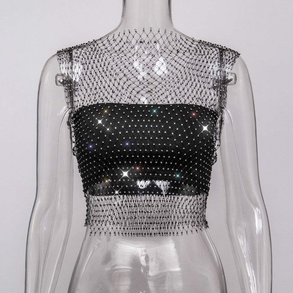 Sparkle Mesh Rhinestone Sleeveless Top – Elegant & Edgy