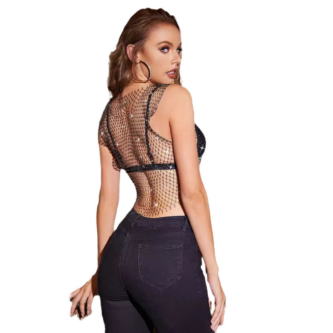 Sparkle Mesh Rhinestone Sleeveless Top – Elegant & Edgy