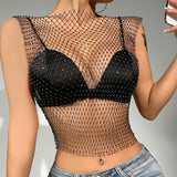 Sparkle Mesh Rhinestone Sleeveless Top – Elegant & Edgy