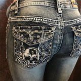 Rockstar Embroidered Skull Skinny Jeans with Rhinestones