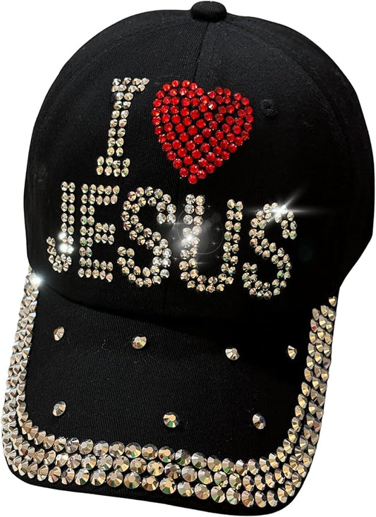 I love Jesus Handmade Rhinestone Bling Baseball Cap for Women and Girls