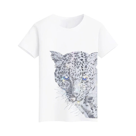 Belt Rhinestone Leopard Print Fashion Drizzle Rhinestone T-shirt: