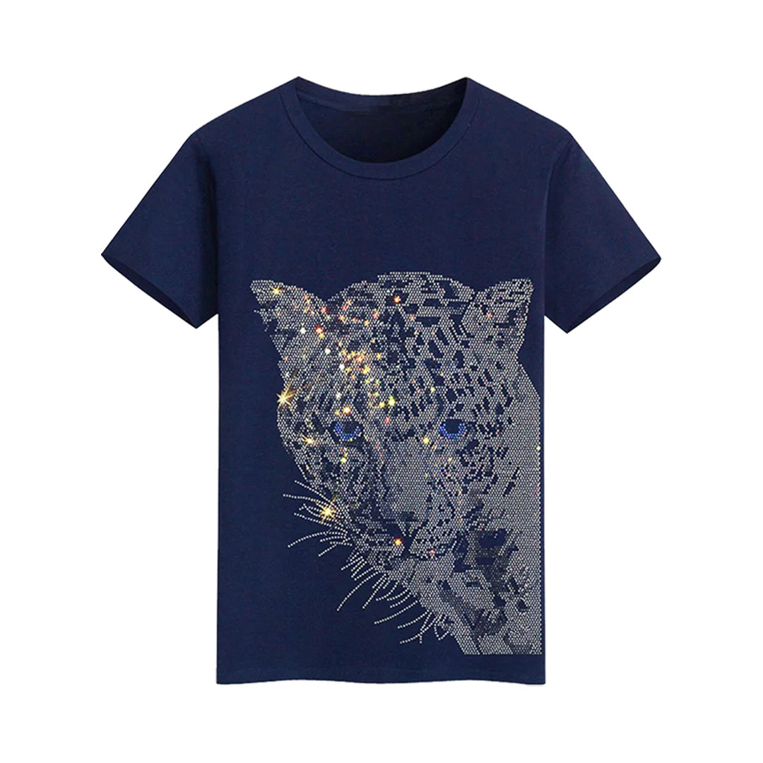 Belt Rhinestone Leopard Print Fashion Drizzle Rhinestone T-shirt: