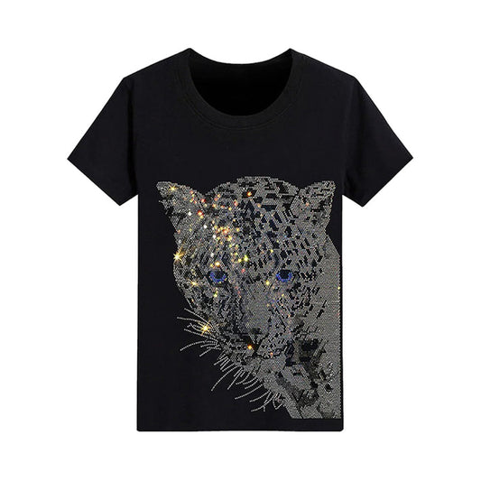 Belt Rhinestone Leopard Print Fashion Drizzle Rhinestone T-shirt: