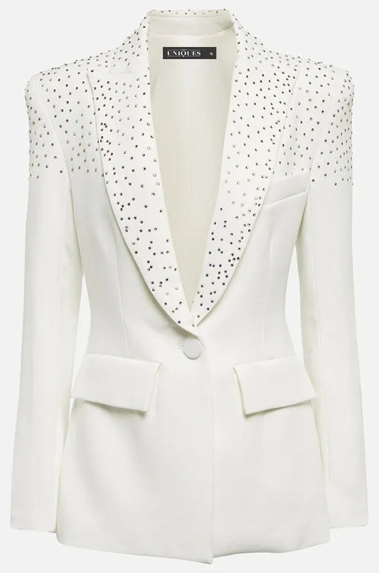White Slim Fit Rhinestone Blazer for Women - Single Button Designer Jacket