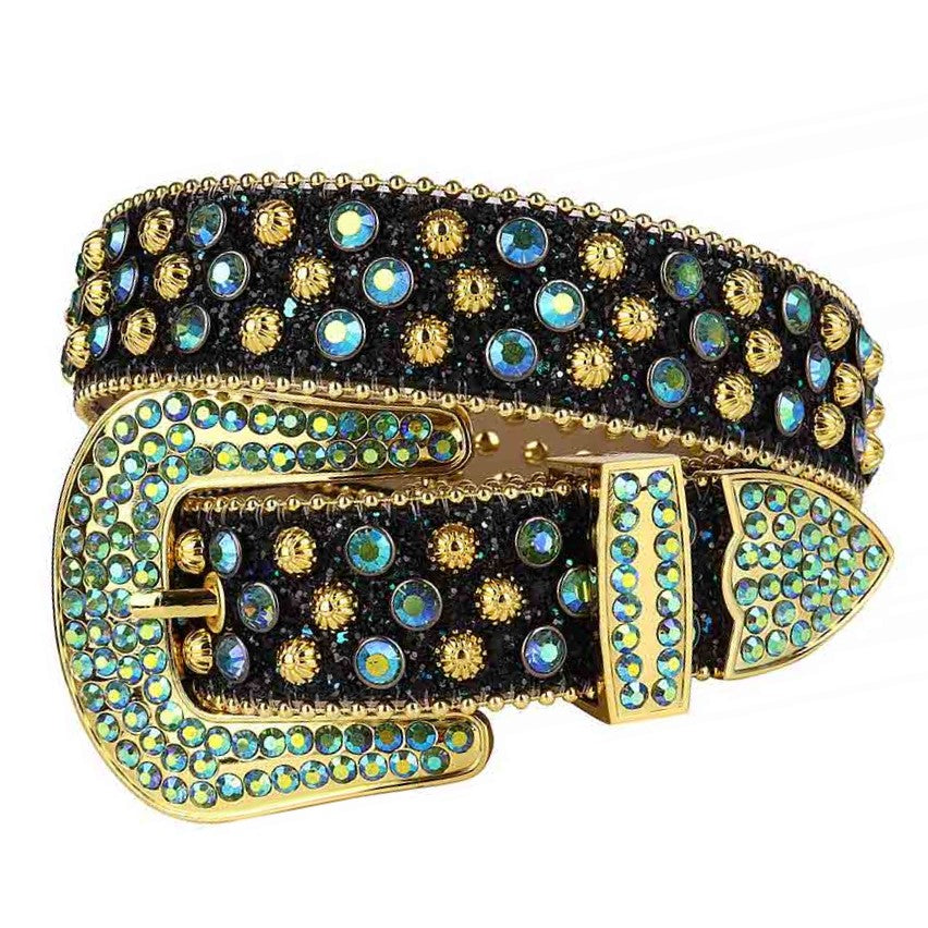 Black Glitter Rhinestone Leather Belt with Multi Stones