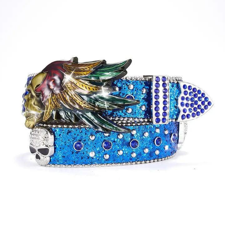 Blue Glitter Western Belt with Skull & Feather Buckle