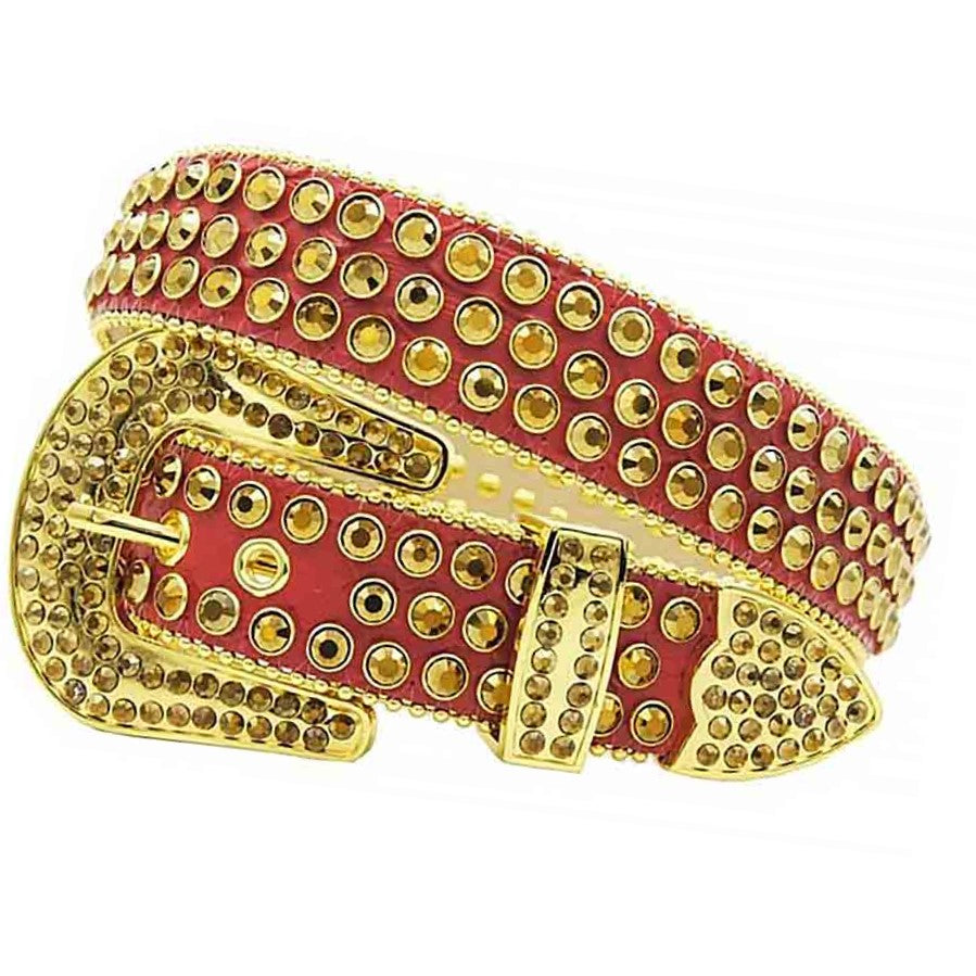 Gold Reddish Pink Strap Rhinestone Belt