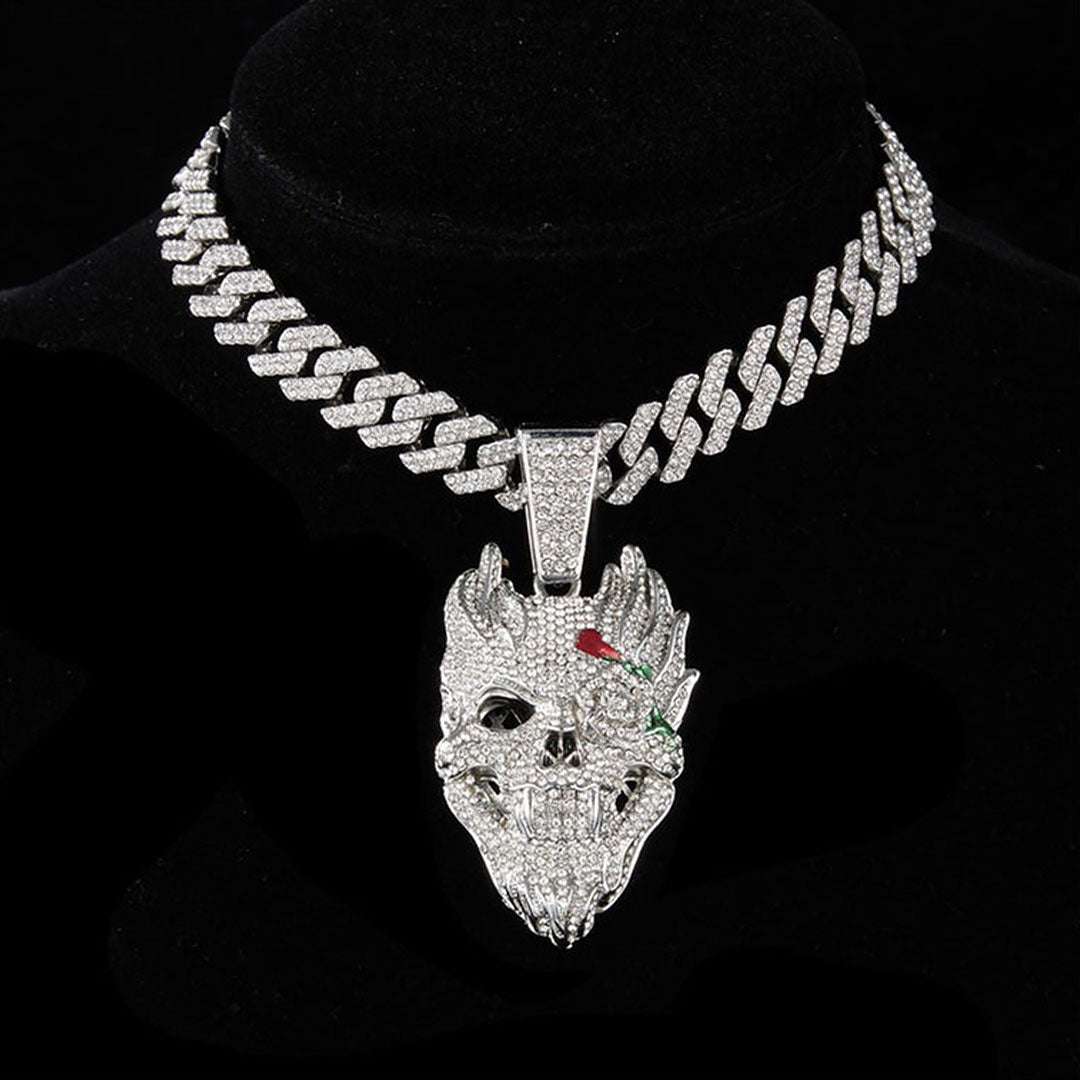 Iced Out Skull Pendant Necklace with Gold Cuban Chain - Hip Hop Jewelry