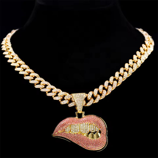 Iced Out Lips Pendant Necklace with Gold Cuban Chain - Hip Hop Jewelry