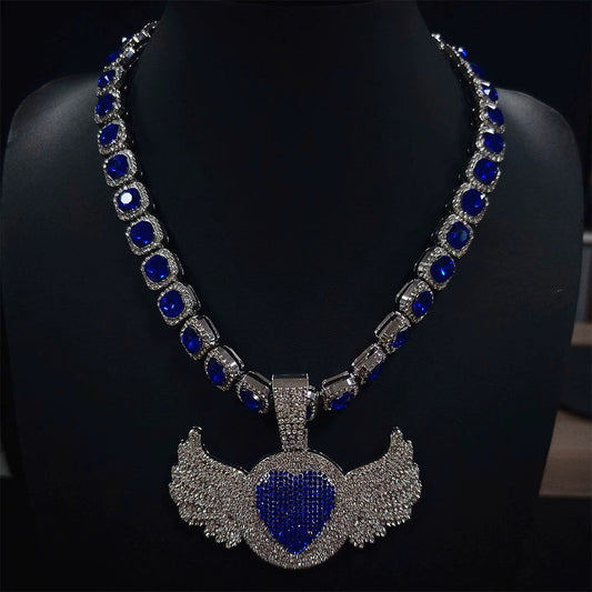 Iced Out Angel Wing Pendant Necklace with Blue Stones - Gold Hip Hop Chain