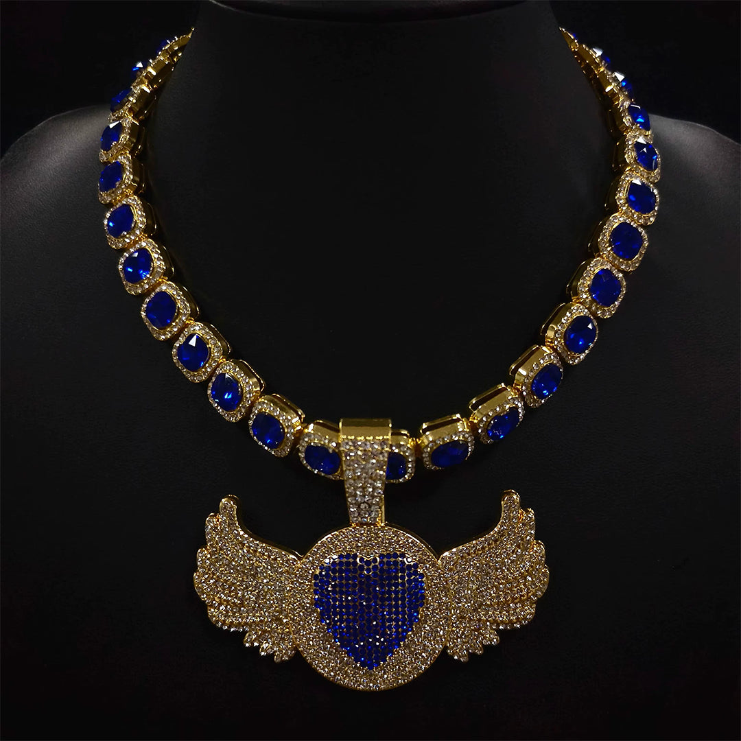Iced Out Angel Wing Pendant Necklace with Blue Stones - Gold Hip Hop Chain