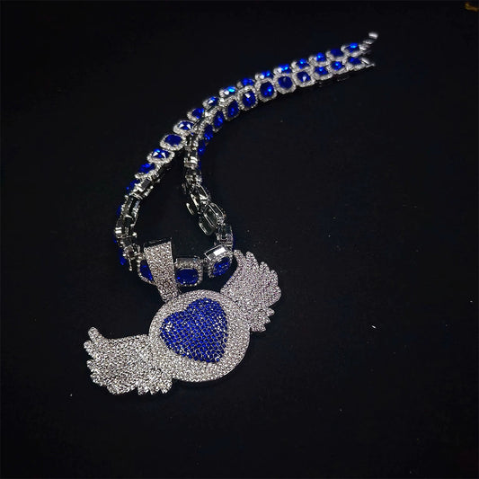 Iced Out Angel Wing Pendant Necklace with Blue Stones - Gold Hip Hop Chain