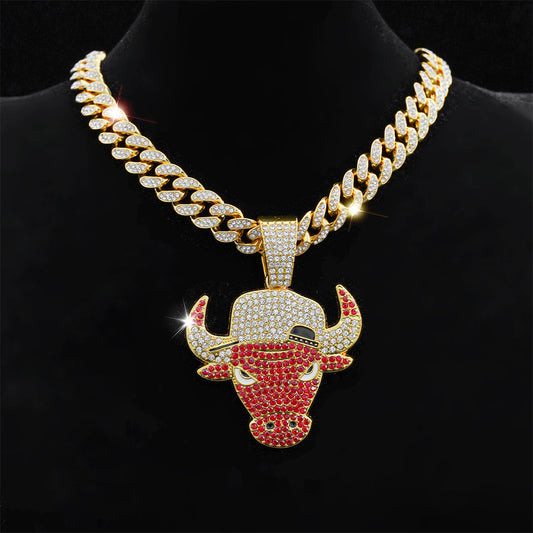 Iced Out Bull Head Pendant Necklace with Gold Cuban Chain - Hip Hop Jewelry