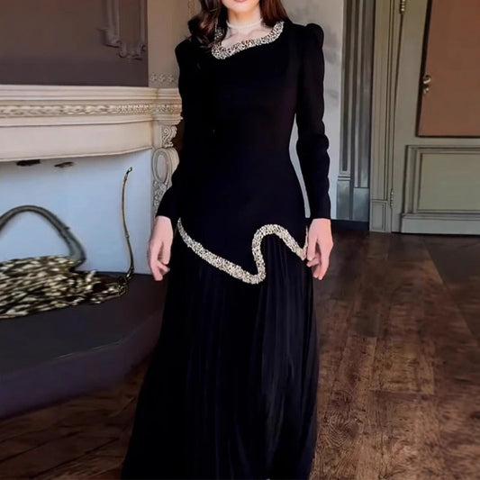 Elegant Rhinestone Pleated Long-Sleeve Dress