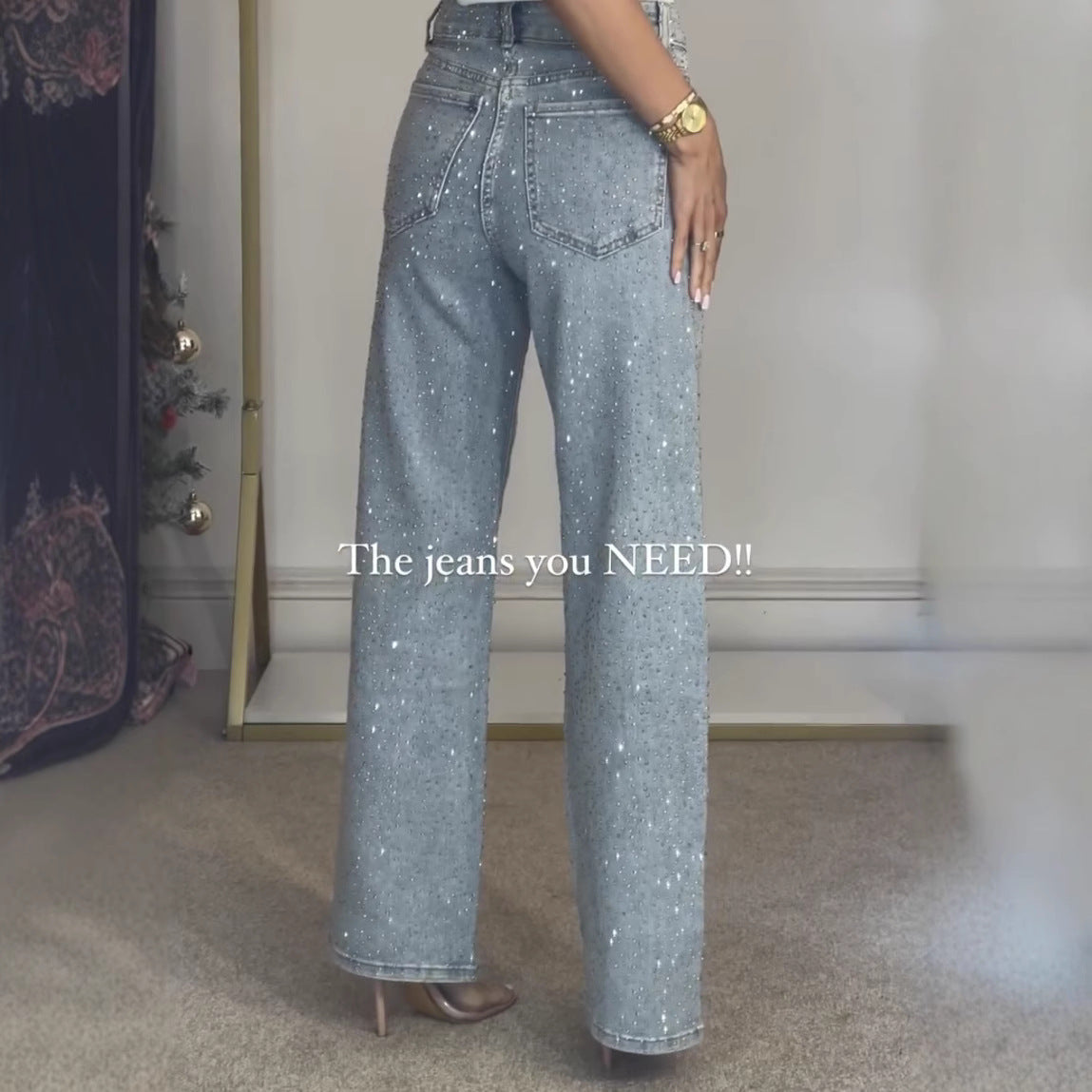 Full Rhinestone High Waist Straight Leg Jeans – Sparkle & Shine