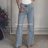 Full Rhinestone High Waist Straight Leg Jeans – Sparkle & Shine