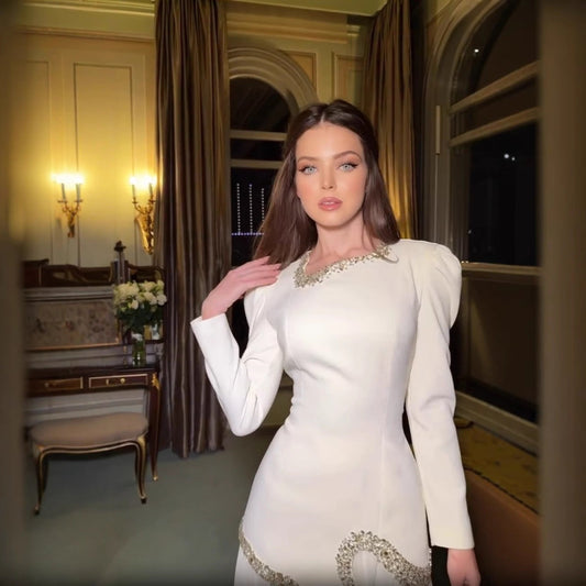 Elegant Rhinestone Pleated Long-Sleeve Dress