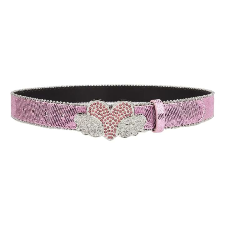 Pink Glitter Heart & Wings Rhinestone Belt
