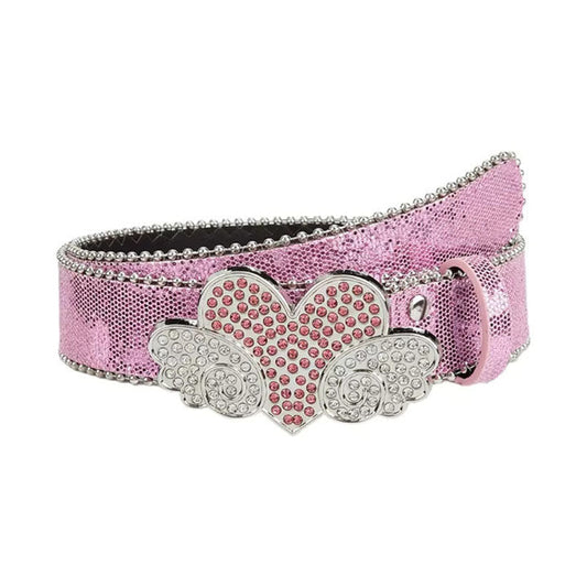 Pink Glitter Heart & Wings Rhinestone Belt