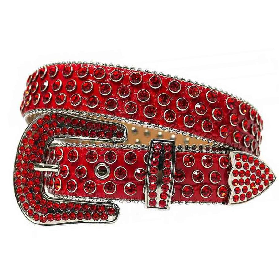 Red Shiny Studded Rhinestones Belt Men