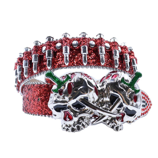 Red Skull Rhinestone Belt for Men & Women - Glitter Rockstar Western Bling Belt
