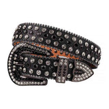 Rhinestones Leather Belt Black Leather With Black And White Stones