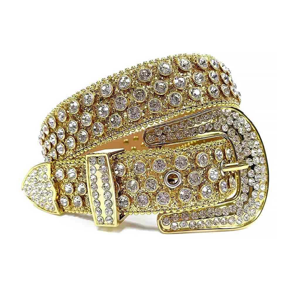 Rhinestones Leather Belt Gold Big White Stones