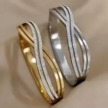 Chunky Gold and silver Plated Rhinestone Wide Cuff Bangle Bracelet for Women - Waterproof Stainless Steel Statement Jewelry