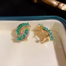 Sparkling Green Rhinestone Double C Earrings for Women - Crystal Irregular Geometric Party Jewelry