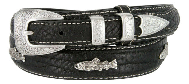 Western Silver Engraved Fish Conchos Leather Ranger Belt