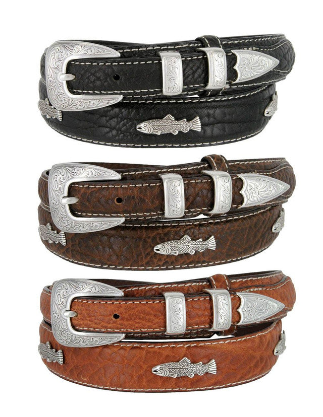 Western Silver Engraved Fish Conchos Leather Ranger Belt