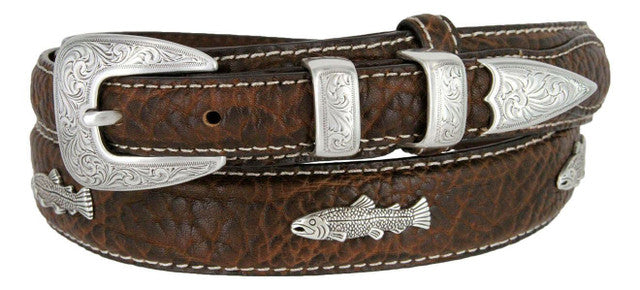 Western Silver Engraved Fish Conchos Leather Ranger Belt