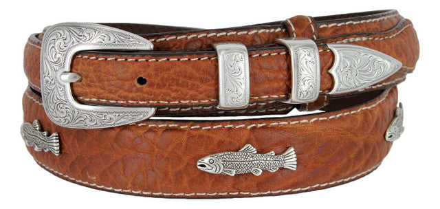 Western Silver Engraved Fish Conchos Leather Ranger Belt