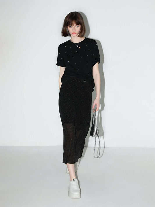 Black Rhinestone Starry Sky Short-Sleeve Tee