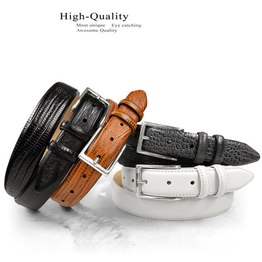 Silver Adam Solid Brass Buckle Genuine Full-Grain Cowhide Leather Dress Belt