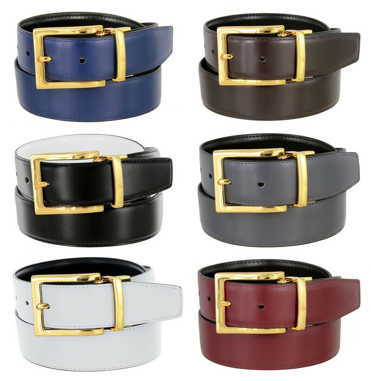 Men's Reversible Belt Gold Buckle Genuine Leather Dress Casual Belt