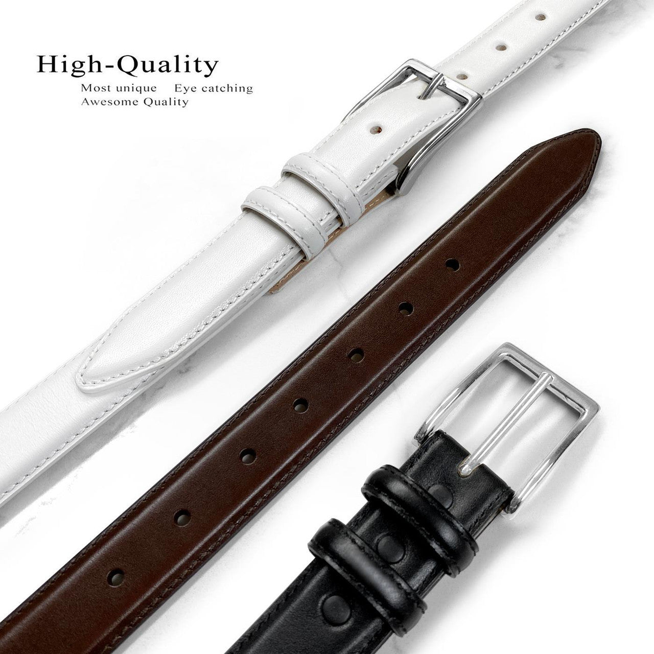 Silver Adam Solid Brass Buckle Genuine Full-Grain Cowhide Leather Dress Belt