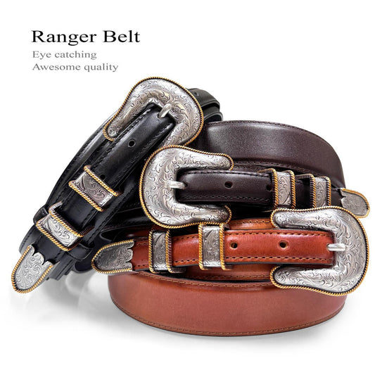 Western Ranger Antique Gold Engraved Buckle Genuine Cowhide Leather Belt