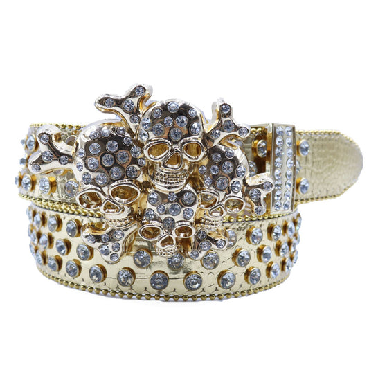 Gold Skull Belt with White Rhinestones – Luxury Rockstar Statement Belt