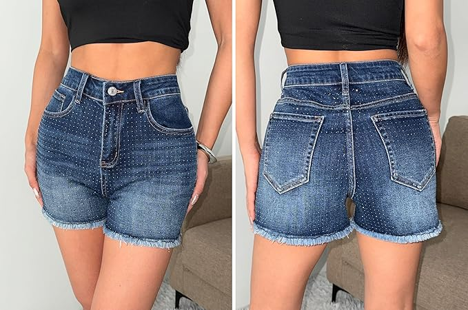 Women’s Y2K Rhinestone Denim Shorts - High Waisted Sparkly Jean Shorts