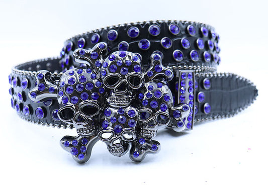 Blue Rhinestone Skull Belt – Gothic Biker Statement Accessory