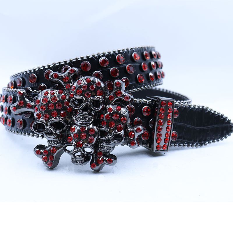 Red Rhinestone Skull Belt - Biker Gothic Statement Belt