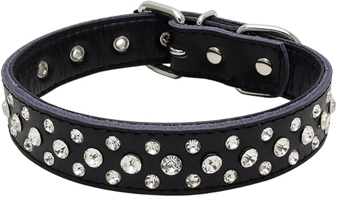 Adjustable Sparkly Crystal Studded Genuine Leather Pet Dog Collar