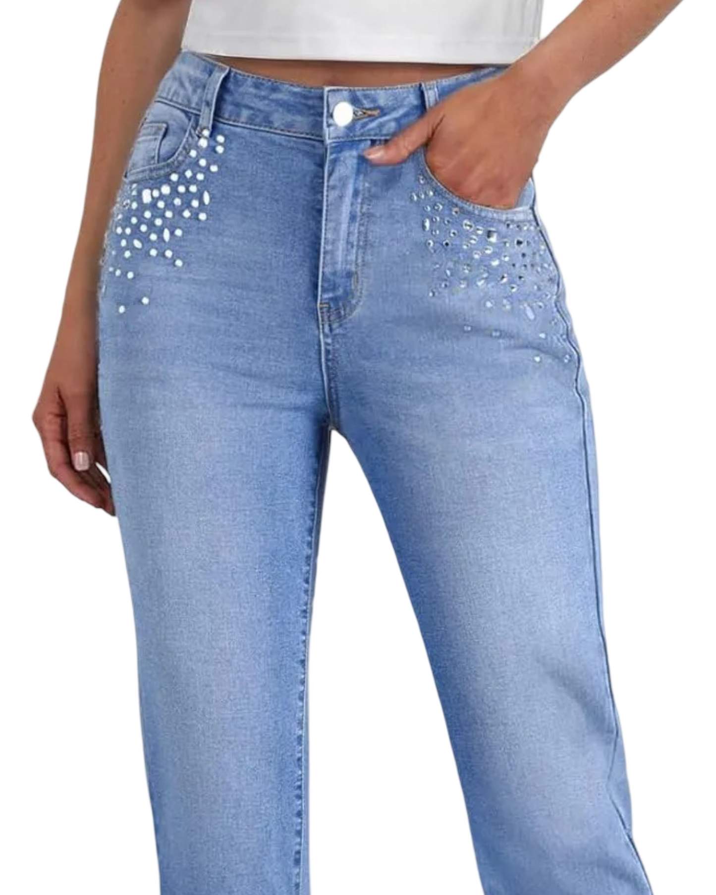 Women’s Rhinestone Straight Leg Jeans - High Waisted Stretch Wide Leg Sparkly Denim Pants