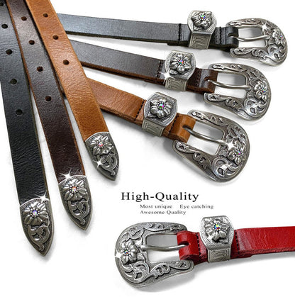 Western Rhinestone Crystal Antique Floral Engraved Buckle Genuine Full Grain Leather Casual Belt 3/4"(19mm) Wide