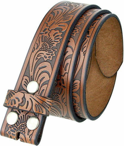 BS220 Western Floral Engraved Embossed Tooled Genuine Leather Belt Strap with Snaps on 1-1/2"(38mm) Wide