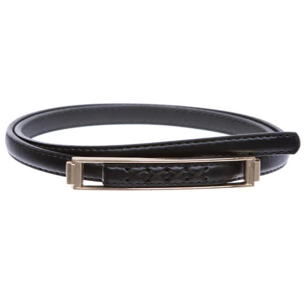 Womens Thin Belts Skinny Faux Leather Stitch Belt with Gold Tone Buckle