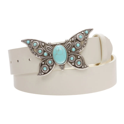 Women's Casual Jean Belt with Perforated Turquoise Stone Butterfly Belt Buckle