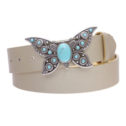 Women's Casual Jean Belt with Perforated Turquoise Stone Butterfly Belt Buckle